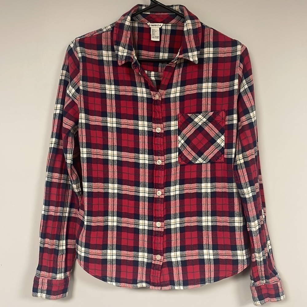 Forever 21 cotton Red & Navy Plaid Soft Flannel Shirt, Large